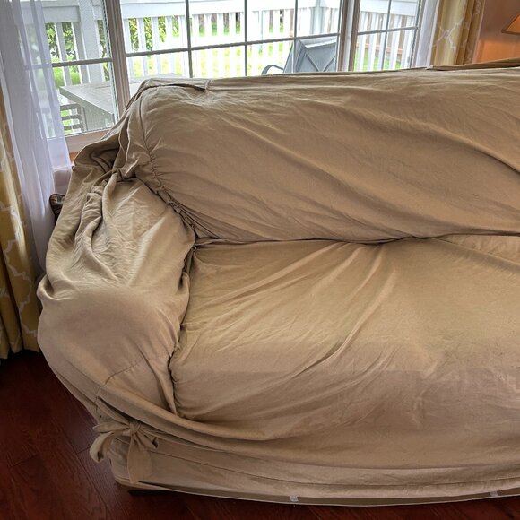 Soft Suede one piece couch slipcover with ties and cinched elastic - Picture 1 of 7